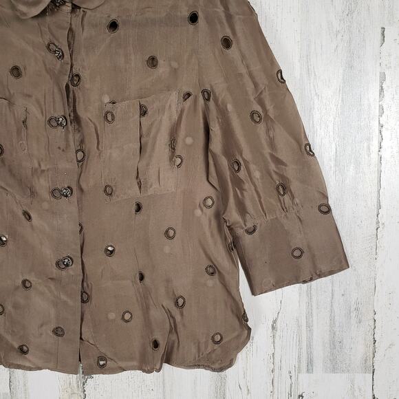 Sara Berman 70% Silk Brown Long Sleeve Cut-Out Shirt Women's Size Medium - Picture 5 of 12